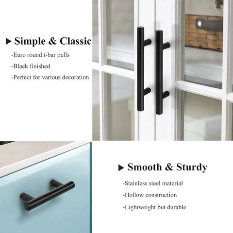 Flat Black 3 Inch Center To Center Bar Cabinet Pulls 5 Pack installed on kitchen cabinets, durable black T bar handles.
