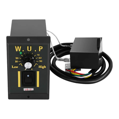 Front view of 250W 110V AC Gear Motor with Variable Speed Controller, showing control dial and wiring, Single Phase Gear Reducer setup.