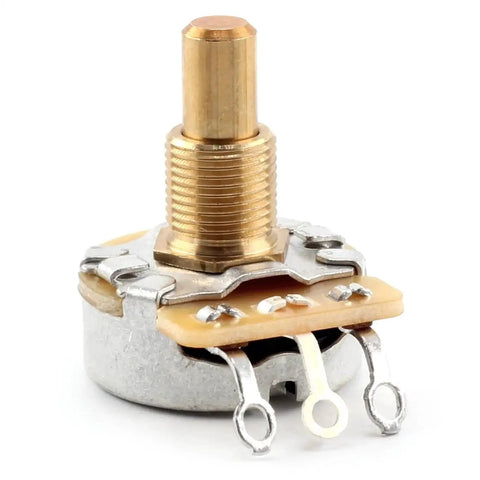 Genuine CTS 500k Potentiometer For Guitar With Custom Short Solid Shaft And Audio Taper, side view with brass shaft