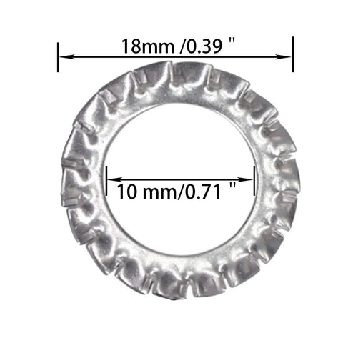 M10 External Tooth Serrated Lock Washer Made From 304 Stainless Steel, 18mm outer diameter, with measurements shown