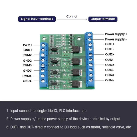 4 Channel MOSFET PWM Driver Module 3-20V To 3.7-27VDC 10A PLC Amplifier for motor speed control and LED brightness