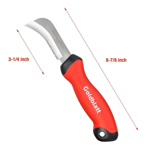 Stainless Steel Roofing And Flooring Knife Soft Grip For Carpet And Linoleum with serrated 8-7/8 in blade, red handle.