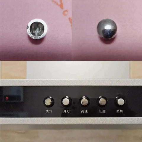 Ten Pack Range Hood Push Button Switch Caps For Under Cabinet Vent Hoods, 10mm Square Button Covers, silver plastic installed on hood.