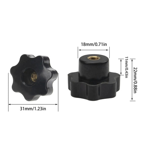 Front and side view of Eight Sets M6 Knurled Nut Screw Kit For Through Hole Star Shaped Nylon Knobs with measurements.
