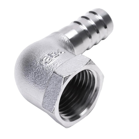 Stainless steel 90-degree elbow pipe fitting, 1/2" hose barb to 1/2" female NPT