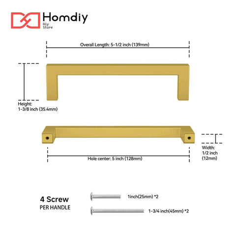 5 Inch Brushed Brass Cabinet Pulls 30 Pack Square Cabinet Hardware Handles dimensions and screws illustration