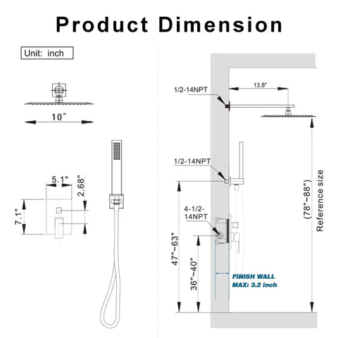 Product dimensions of Gold Shower System With 10 Inch Rain Showerhead And Handheld Spray, Wall Mounted High Pressure Shower Head Set Including Valve And Trim, Brushed Gold Finish, 304 Stainless Steel Construction, Easy Install For A Spa Like Shower Experience By HoliSpa