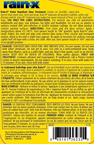 Rain-X Water Repellent Glass Treatment label on a 473mL bottle, detailing usage instructions and safety warnings.