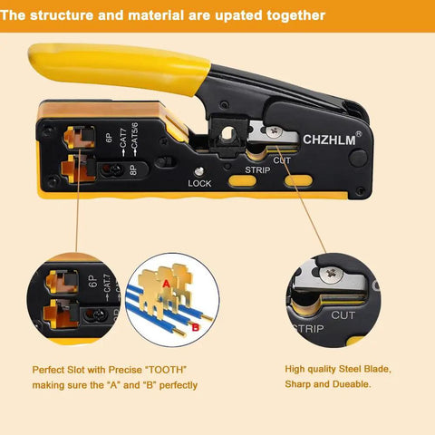 All In One RJ45 Crimp Tool Pass Through Kit for 8P Cat7 Cat6 Cat5 And 6P Telephone Connectors with wire stripping cutting and testing.
