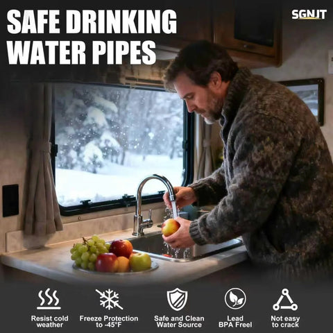 SGNJT heated RV water hose, 50 ft, blue; man uses running water at RV kitchen sink.