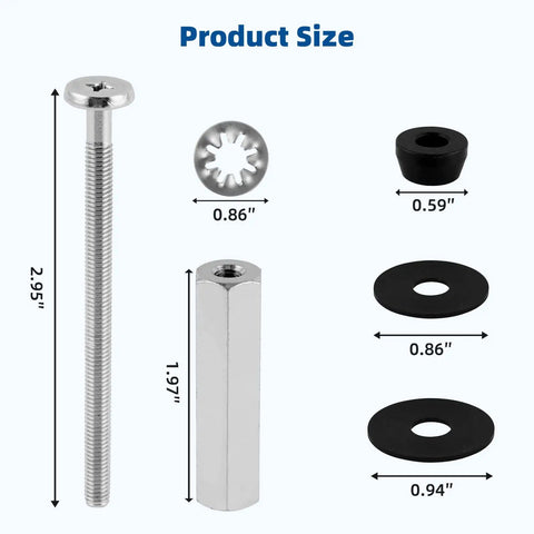 Universal 3 Inch Stainless Steel Toilet Seat Bolts Kit by iFealClear with dimensions and components shown.