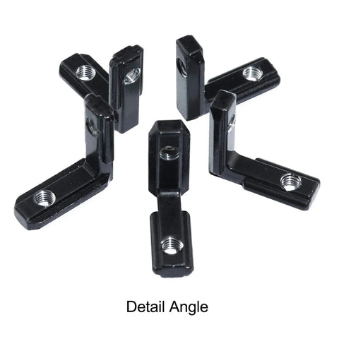Detail angle of 20Pcs L Shape Corner Brackets for 20 Series Aluminum Extrusion 20 by 20 2020 2040 V Slot Internal Joint, black zinc alloy