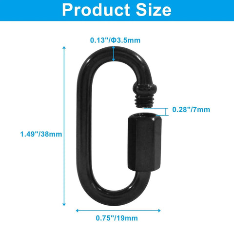 M3.5 Black Quick Link Chain Connector Set, Heavy Duty One Eighth Inch Link, Metal Carabiner Screws, size dimensions shown