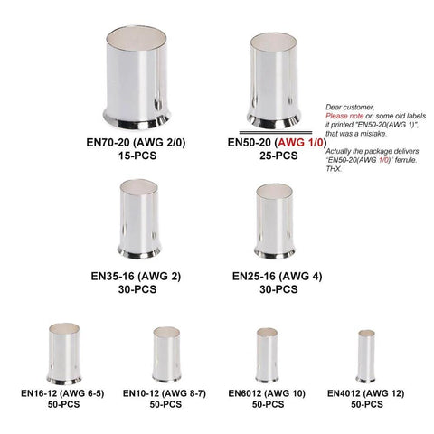 Assortment Of Wire Ferrule Connectors Kit 8 Sizes Tinned Copper Crimp Terminals For 12 AWG Down To 2/0 displayed