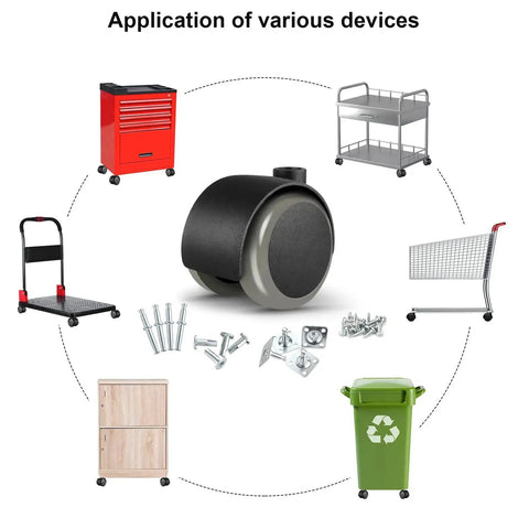 Image showing applications of Heavy Duty 2 Inch Caster Wheels Set Of Four With Rotating Top Plate And Five Sixteenth Inch Valve Stem in various furniture and carts