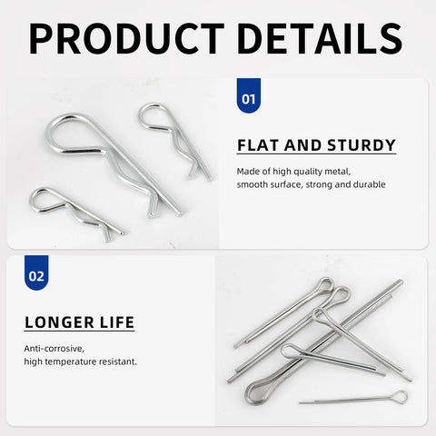 Stainless Steel Cotter Pin Kit With 295 Pieces Including 13 Sizes Of R Clip Pins Pro Grade Spring Fasteners displayed on white
