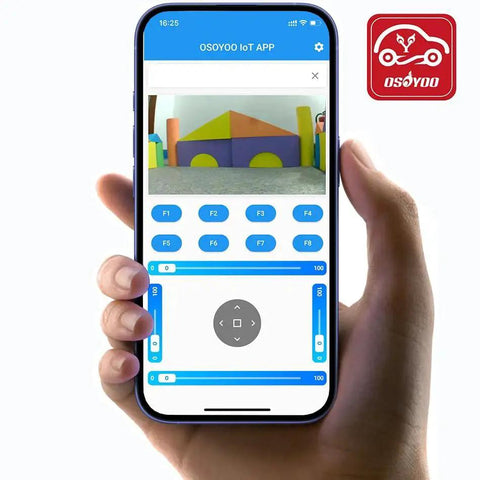 Smartphone displaying OSOYOO IoT app for Omni Directional Mecanum Wheel Robot Car Kit For Raspberry Pi 3 4 5 Remote Controlled