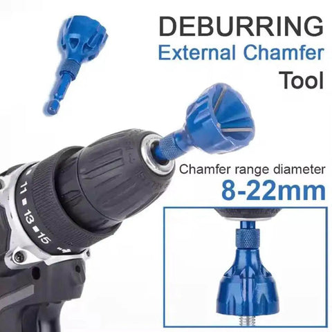Deburring external chamfer tool attached to drill with 8-22mm range, blue titanium-coated bit for metal and plastic.