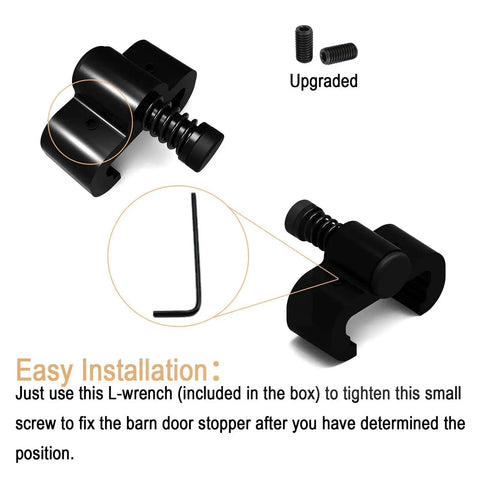 Two Pack Adjustable Barn Door Stopper For 40mm Flat Track with screws and L-wrench shown separately.