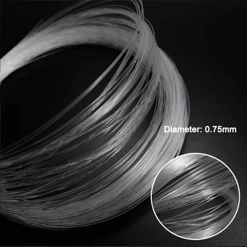 Close-up of End Glow PMMA Fiber Optic Cable Strands Roll, 100 Pieces, 0.03 Inch Diameter, 9.8 Feet Long, Transparent, Flexible, Coiled