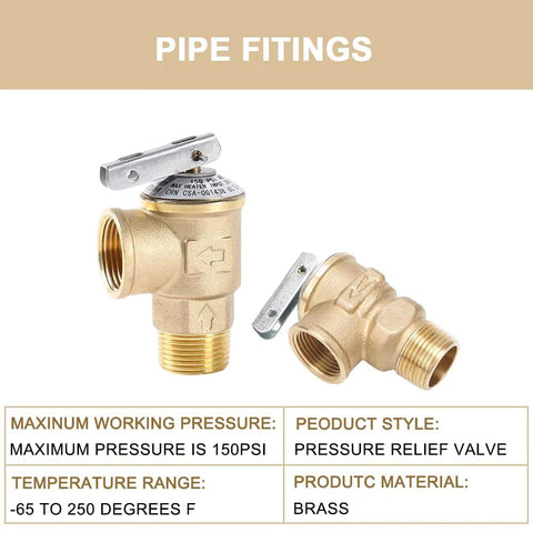 Two Witproton 150 PSI temperature and pressure relief valves, brass bodies, 3/4 in. NPT threaded, push-to-connect fittings
