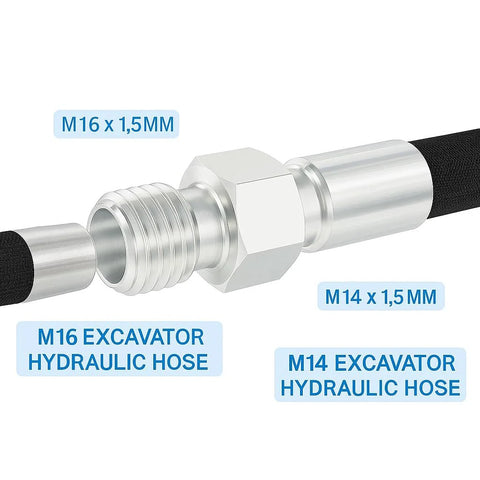 M14-M16 hydraulic hose fittings adapters, metal hex-nut connector between two hoses, M14 and M16 threaded ends (2 pcs)
