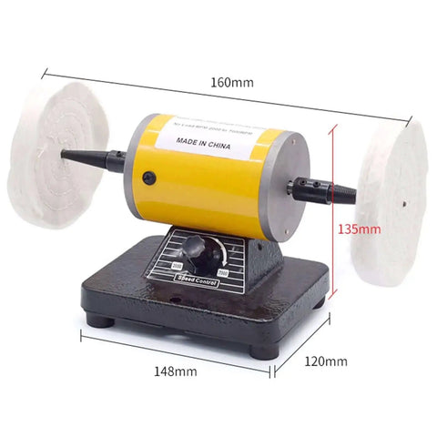 Pro Grade Jewelry Polisher Bench Buffer Grinder Mini Buffing Tool with High Performance Variable Speed, showing dimensions.
