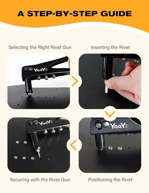 Step-by-step guide using 300 Piece 5/32 Inch Aluminum Blind Rivets Kit With Four Lengths on black surface