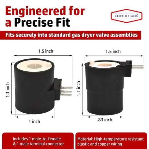 DR Quality Parts dryer gas valve ignition solenoid coil kit; black plastic coils with metal terminals, 2-prong and 3-prong valve coils.