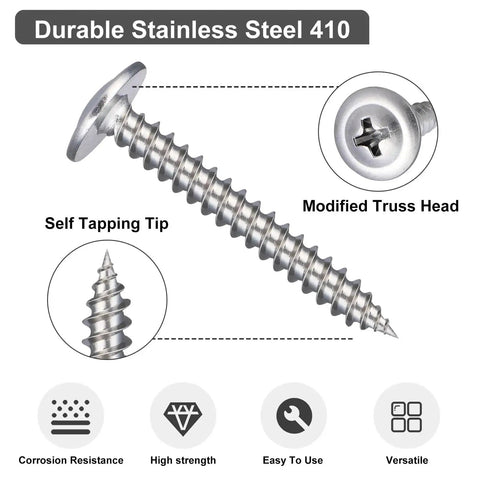 Size Eight Modified Truss Head Wood Screws Set Stainless Steel 410 Self Tapping Assortment 165 Pieces For DIY Projects.