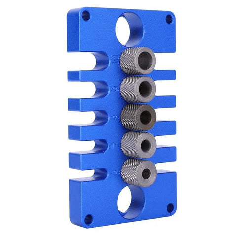 Front view of 3 In 1 Woodworking Drill Guide And Punch Positioner With Pro Grade Precision Aluminum Alloy Dowel Jig, Blue 125mm X 70mm X 30mm