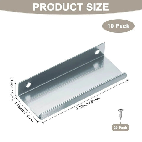 Six-Pack Aluminum Drawer Edge Pulls 3.15 Inch Concealed Tab Handles In Brushed Grey displayed with dimensions and screws