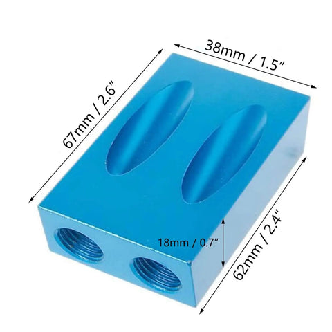 15 Degree Pocket Hole Jig Kit For DIY Woodworking Projects, showing blue aluminum pocket hole jig with dimensions