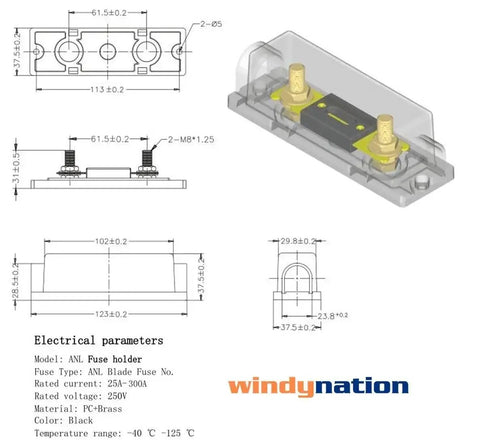 Diagram and specifications of Beefy ANL Fuse Holder With Two 200A Fuses, Heavy Duty Battery Wiring Accessory For 2/0 Gauge Cables.