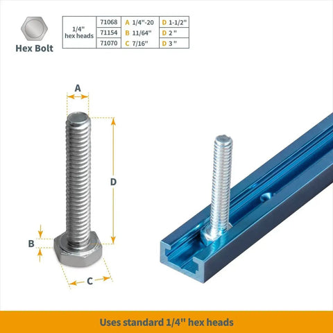 Hex bolt with measurements next to a 36 Inch Double Cut Universal T Track Set Four Pack With Predrilled Mounting Holes For Woodworking Jigs And Fixtures On Drill Press Tables Router Tables And Workbenches Lightweight Anodized Aluminum Construction.