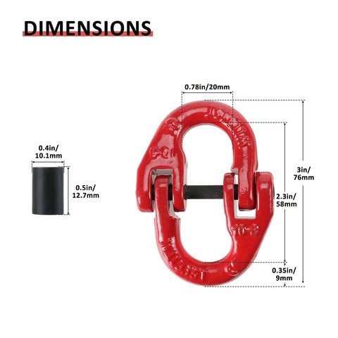 4 Pack G80 Alloy Steel Hammerlock Coupling Links, Five Sixteenth Inch Safety Chain Connector Links dimensions with red design