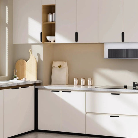 Modern kitchen with 5 Pack Adhesive Edge Finger Pulls for Cabinets, black finish aluminum alloy, no drilling required, 3.15 inch length.