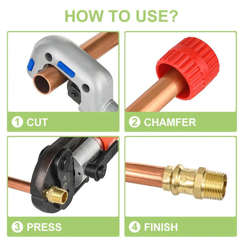 ProPress brass copper-to-MNPT fittings infographic with 4 steps: cut, chamfer, press, finish.