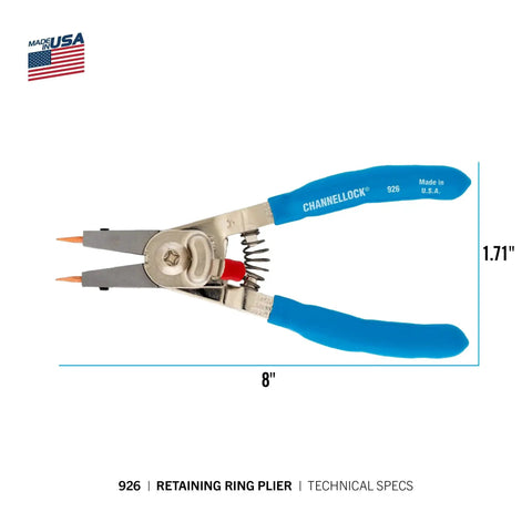 6.5 Inch Retaining Ring Pliers For Auto And Machinery, Heavy Duty Snap Ring Tool With Easy Grip Handles, Precision Tips, Model 926