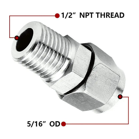 304 Stainless Steel Compression Fitting Ferrule For Oil Lines, Five Sixteenths Inch Tube OD To One Half Inch NPT Male Straight Adapter With Double Ferrules, Corrosion Resistant, High Pressure Up To 2900 Psi