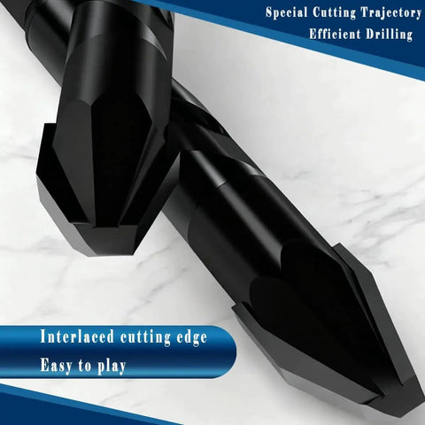 Close-up of the 10 Piece One Quarter Inch Black Ceramic Tile Drill Bit Set With 6mm Shank Eccentric Head for various materials.