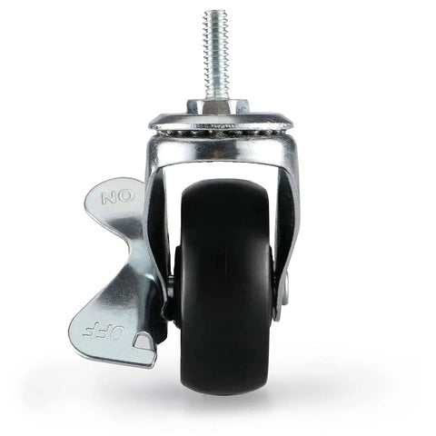 Front view of a single caster wheel from a Set Of 4 Wire Shelf Caster Wheels For 0.75 Inch Post Shelving Posts with a locking mechanism.