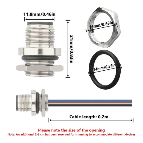 IP67 M12 4 Pin A Coded Male Connector Cable 0.7ft Rear Bulkhead showing dimensions, 12mm thread, unshielded wire, set of components