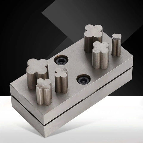 Four Leaf Clover Punch Die Disc Set with Six Steel Hole Punches for Jewelry Making, shown with varying sizes, durable steel.