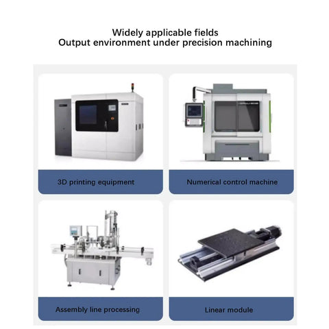 3D printing equipment, numerical control machine, assembly line processing, and linear module displayed in four sections.