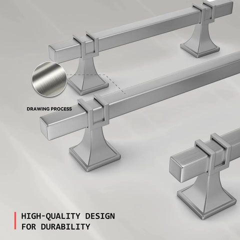Close-up of Ten Pack Brushed Nickel Cabinet Pulls Center To Center 128mm 7.5 Inch Overall Length 192mm, featuring drawing process.