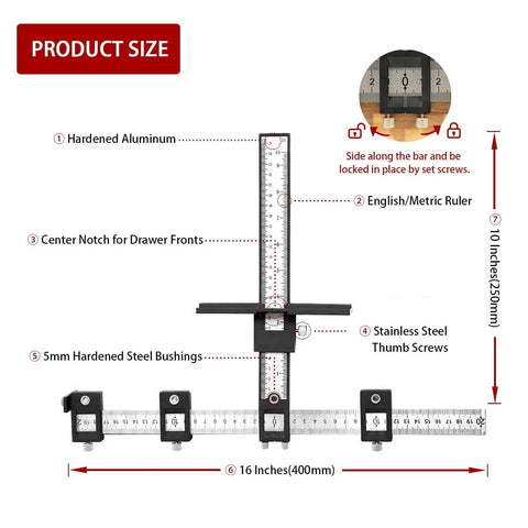 Aluminum Cabinet Hardware Jig Kit For Fast Precise Door Handle And Drawer Front Knob Installing Including Automatic Center Punch And Four Drill Bits For Quick Pro Grade Mounts with metric ruler, hardened aluminum, and steel bushings.