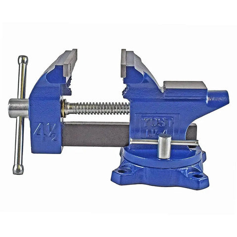 Home Workshop Vise With Four And A Half Inch Jaw Width And Three Inch Opening Swivel Base For Secure Grip Heavy Duty 30,000 PSI Gray Iron Construction Ideal For DIY Projects In The Shop Blue Finish front view