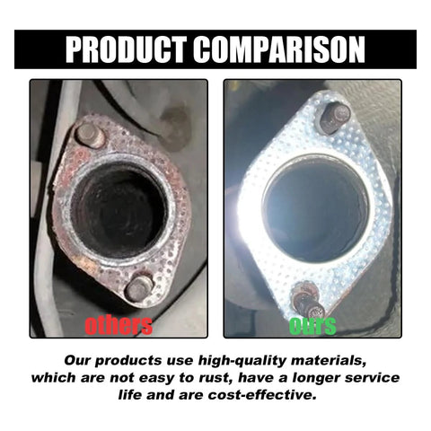 2-piece car exhaust flange gasket set, 2-inch, reinforced high-temp gasket; side-by-side view of rusted old vs new silver gasket.