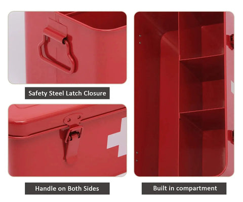 Close-up of Rock Solid Metal First Aid Box with safety lock, red durable steel tin featuring separated compartments and latch closure.